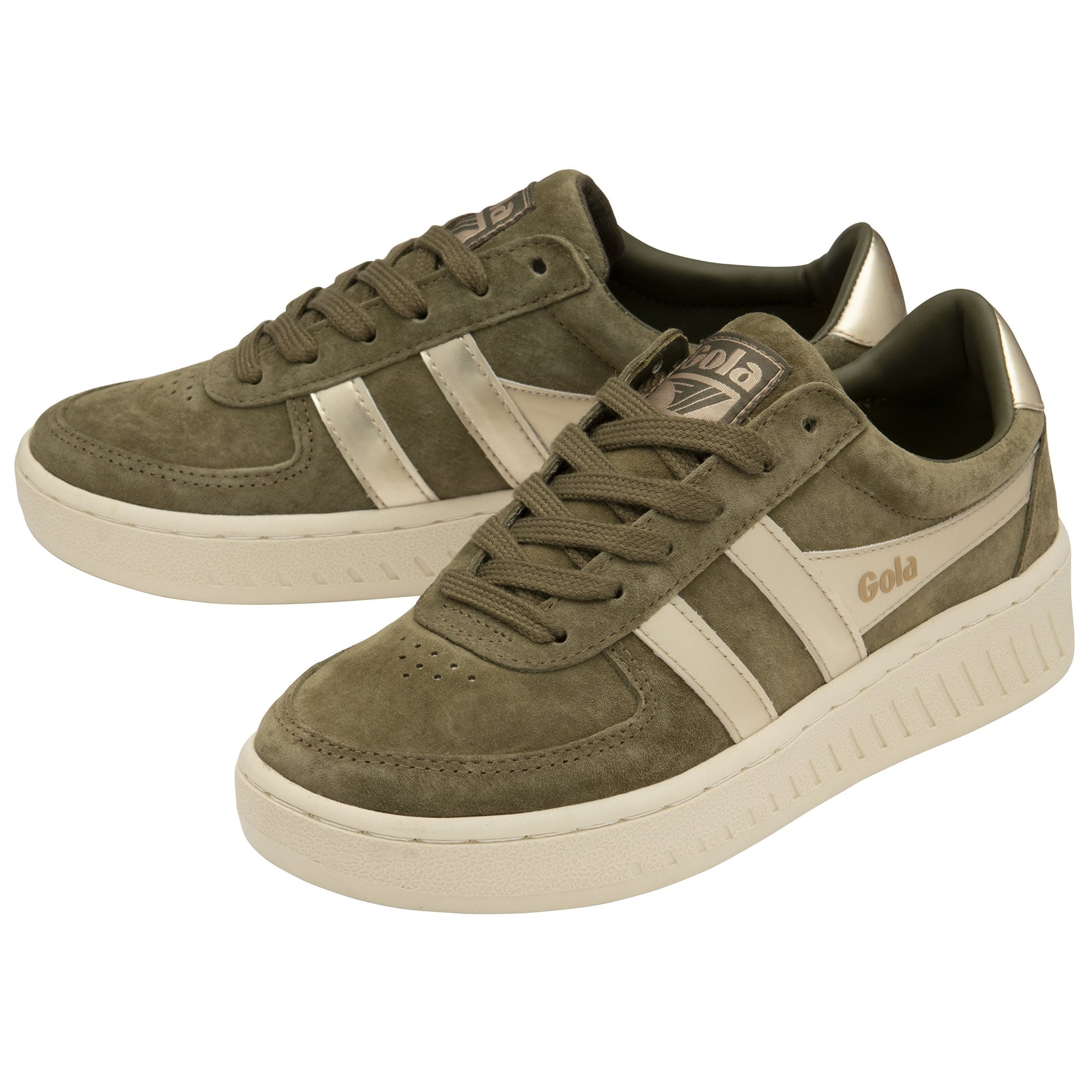 A pair of Gola women's Baseline Mark Cox sneakers in olive and gold.