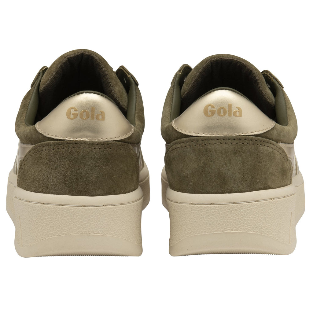 A rear view of a pair of Gola women's Baseline Mark Cox sneakers in olive and gold.