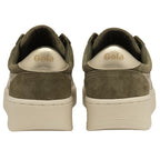 A rear view of a pair of Gola women's Baseline Mark Cox sneakers in olive and gold.