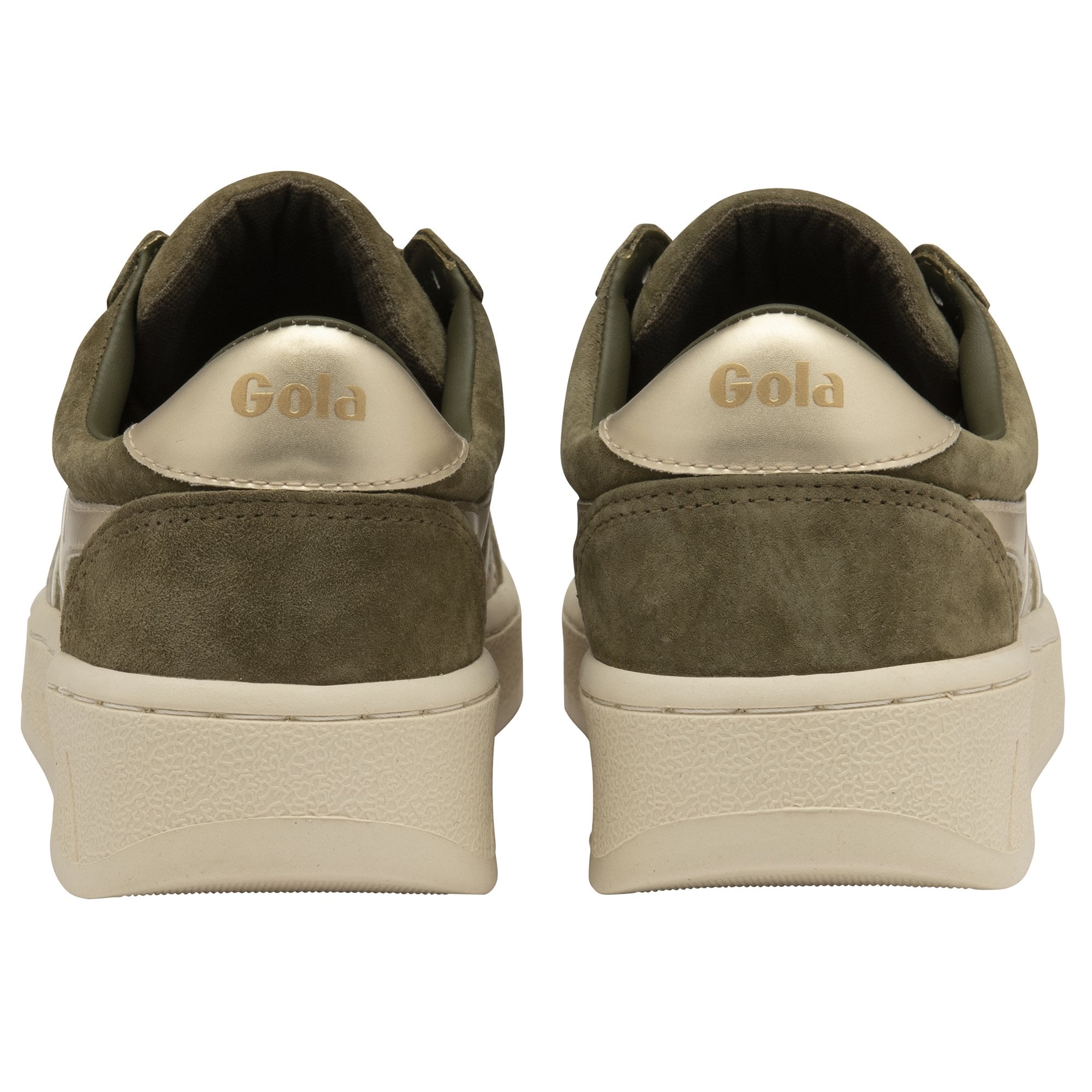 A rear view of a pair of Gola women's Baseline Mark Cox sneakers in olive and gold.