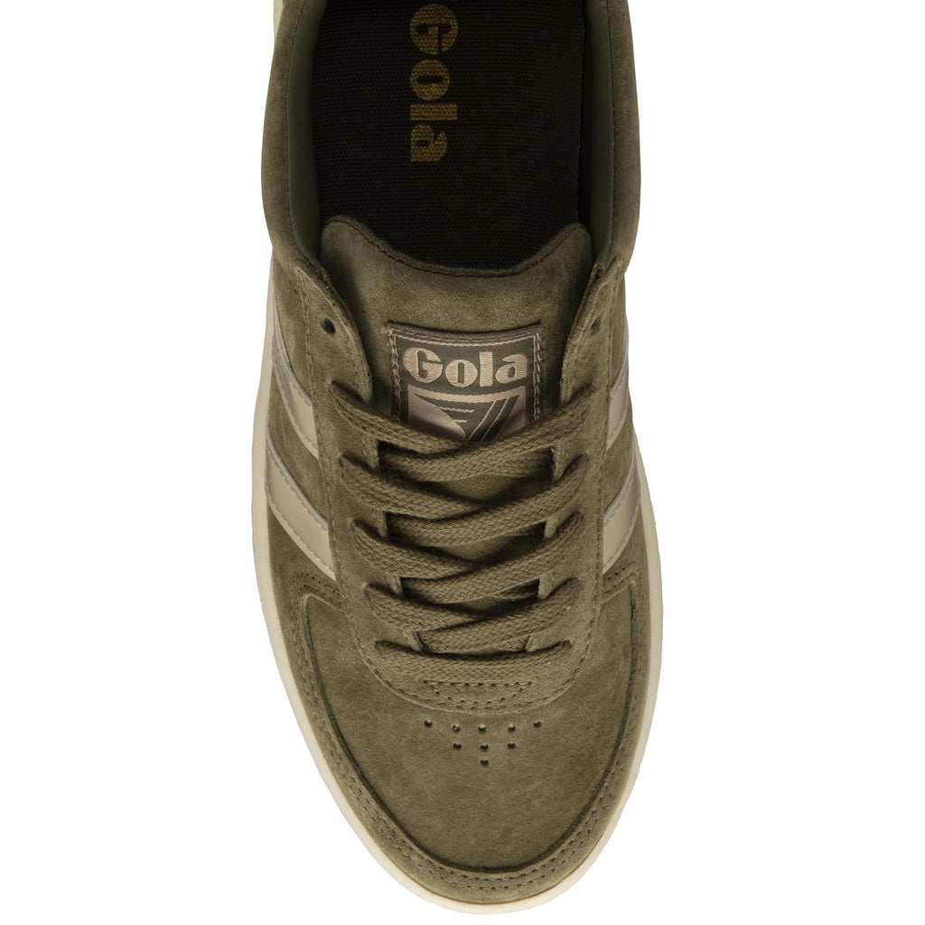 A top-down view of a single Gola women's Baseline Mark Cox sneaker in olive and gold.
