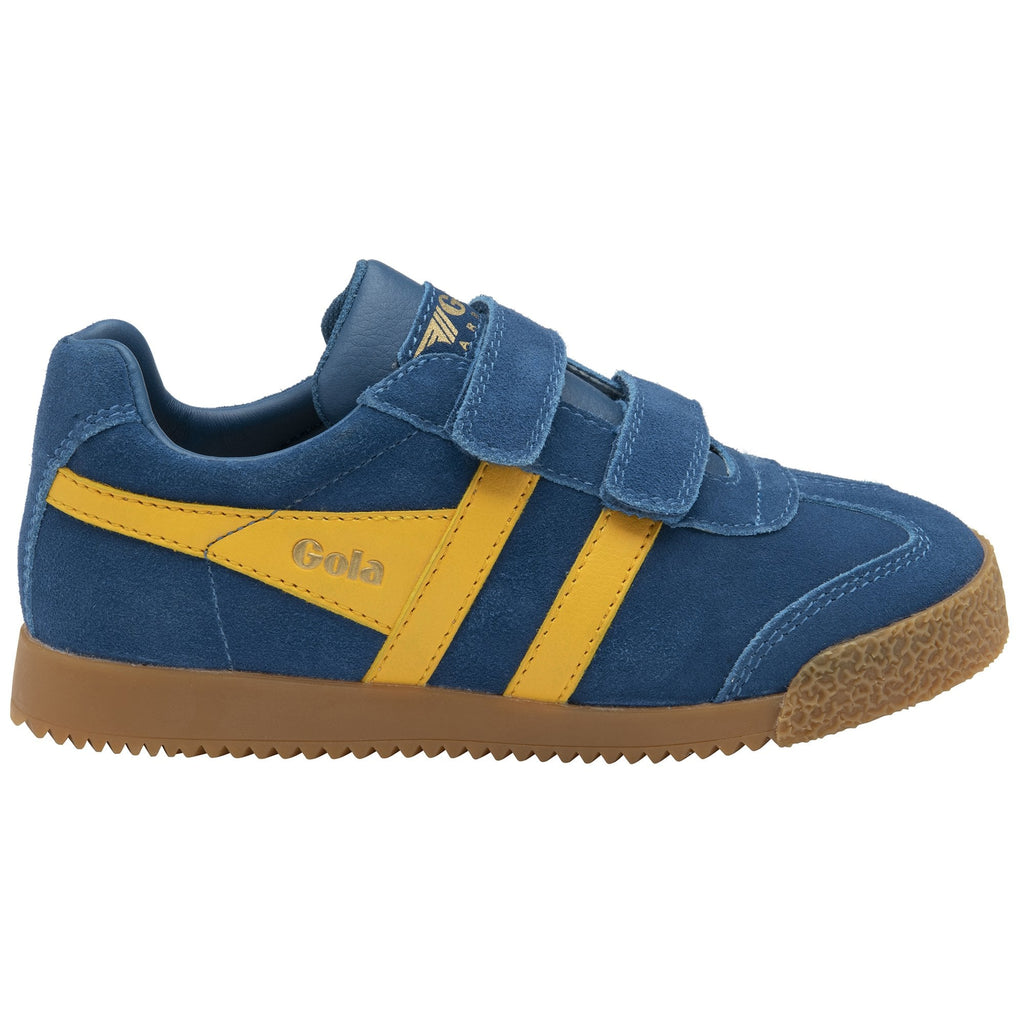 Blue suede Gola sneakers with yellow stripes and velcro closures, left side.
