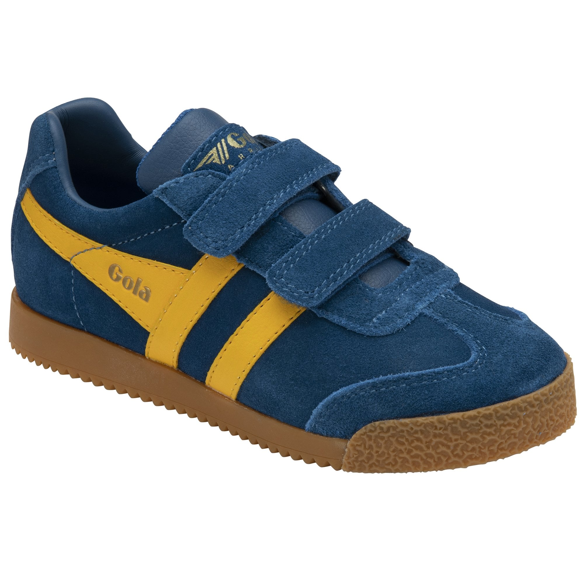 Blue suede Gola sneakers with yellow stripes and velcro closures, right side.