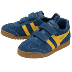 Pair of blue suede Gola sneakers with yellow stripes and velcro closures.