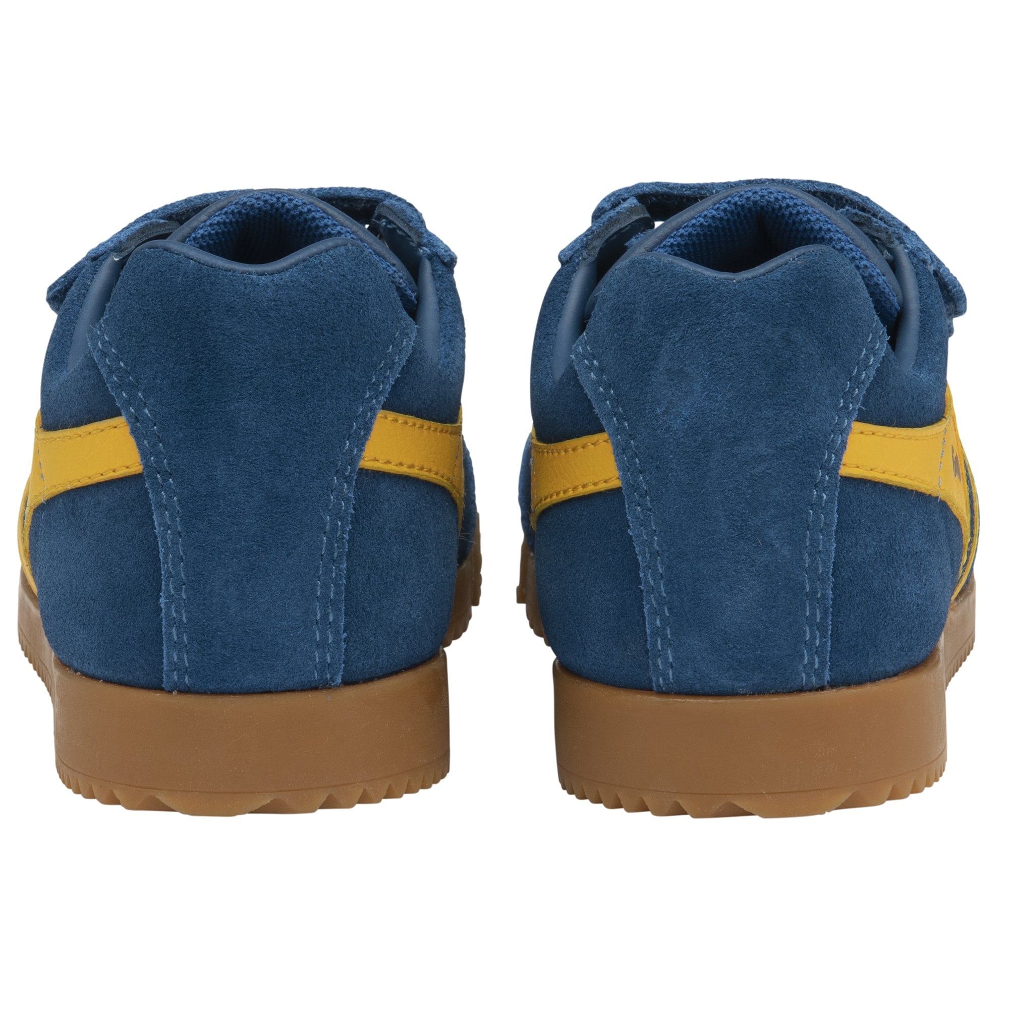 Back view of blue suede Gola sneakers with yellow stripes.