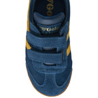Top-down view of a blue suede Gola sneaker with yellow stripes and velcro straps.
