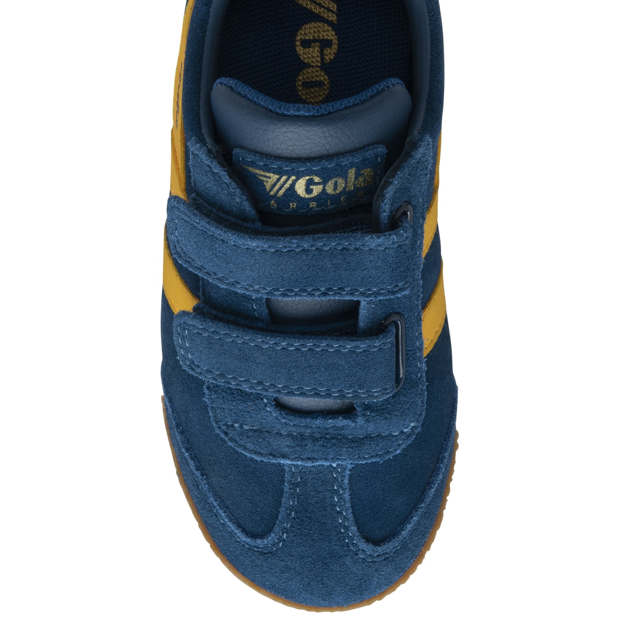 Top-down view of a blue suede Gola sneaker with yellow stripes and velcro straps.