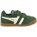 Right side view of a green suede Gola Harrier velcro shoe with white stripes and a gum sole.