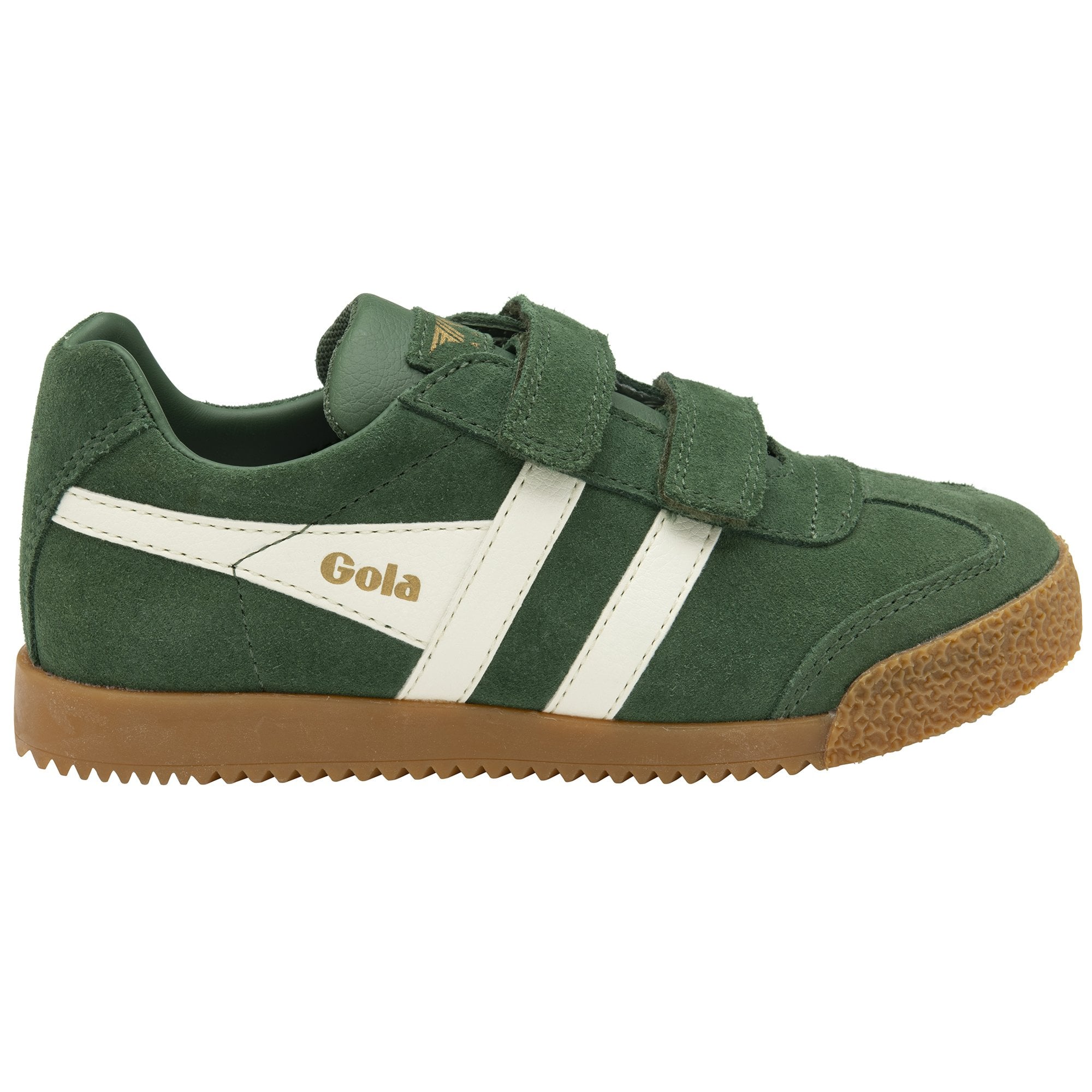 Right side view of a green suede Gola Harrier velcro shoe with white stripes and a gum sole.