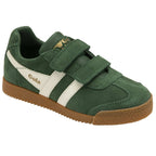 Left side view of a green suede Gola Harrier velcro shoe with white stripes and a gum sole.