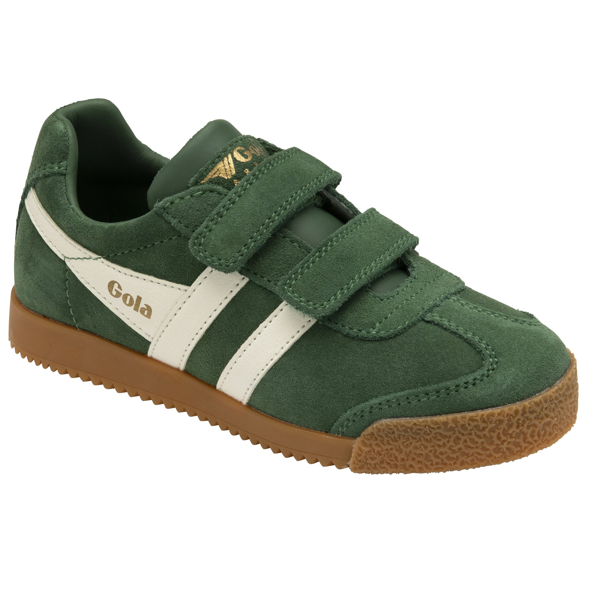 Left side view of a green suede Gola Harrier velcro shoe with white stripes and a gum sole.