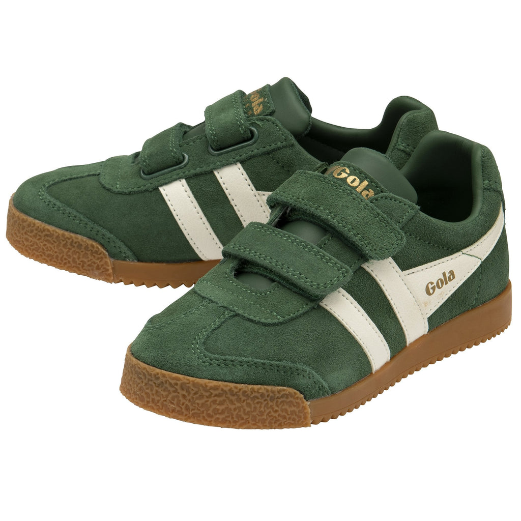 Pair of green suede Gola Harrier velcro shoes with white stripes and gum soles.