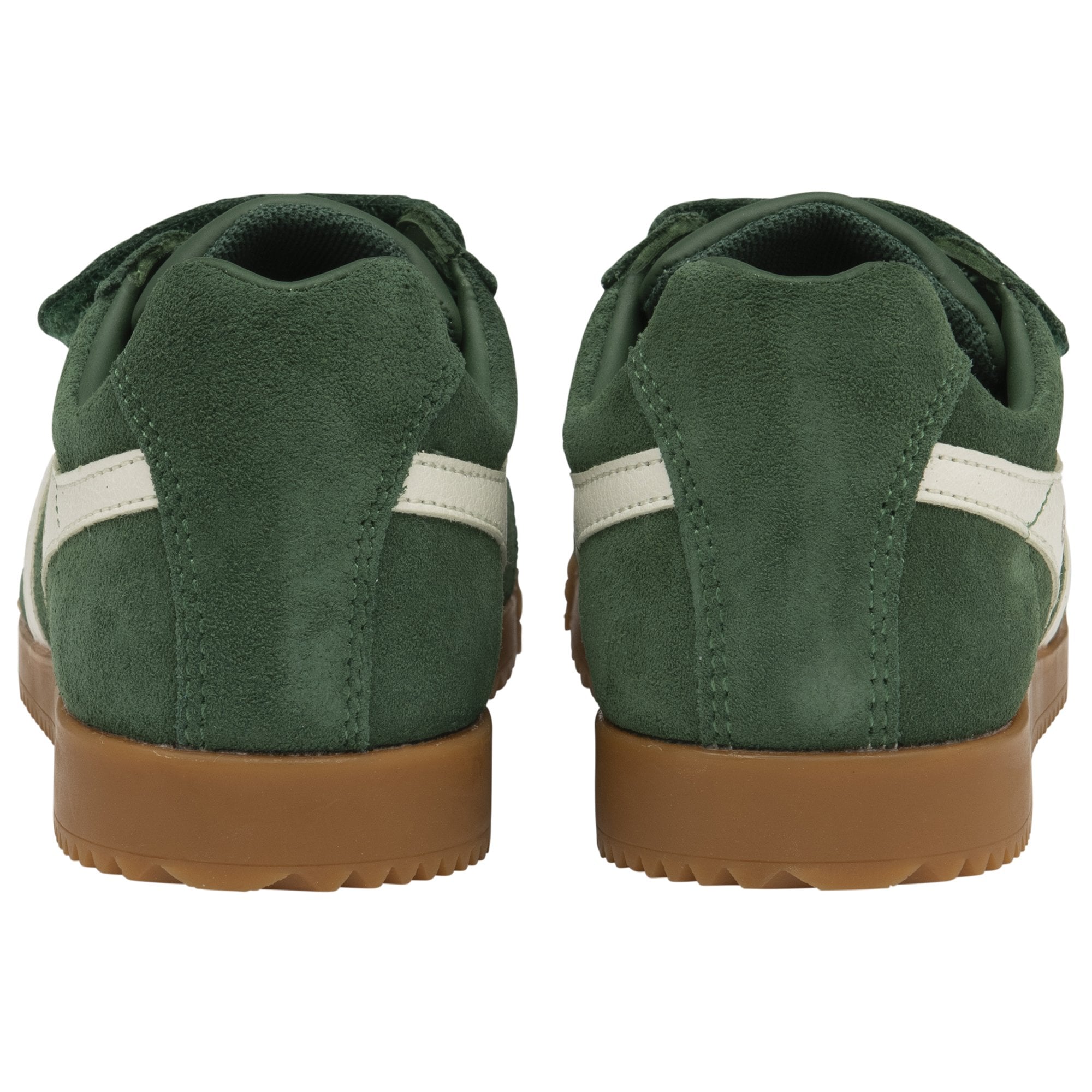 Rear view of a pair of green suede Gola Harrier velcro shoes with white stripes and gum soles.