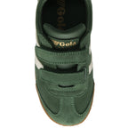 Top down view of a green suede Gola Harrier velcro shoe with white stripes and a gum sole.