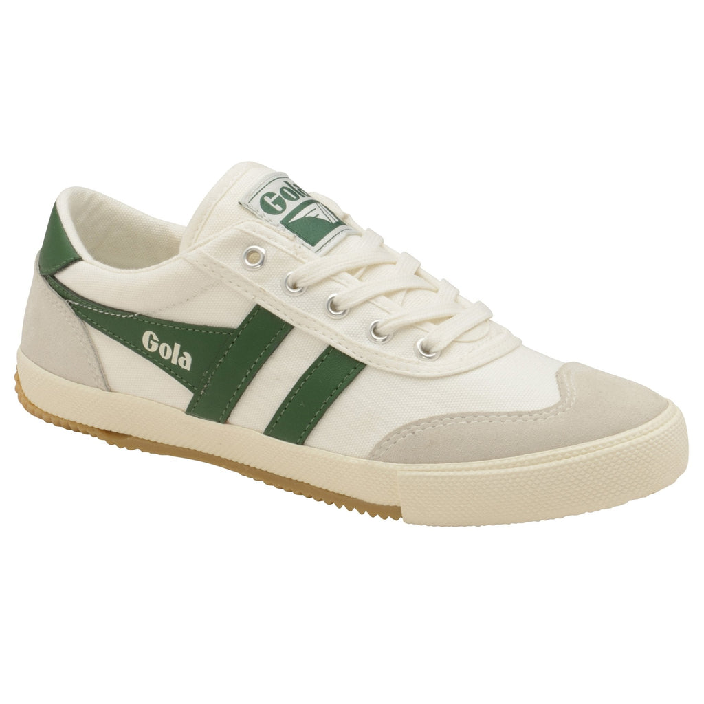 Angled side view of a Gola men's sneaker, featuring white canvas and green detailing.