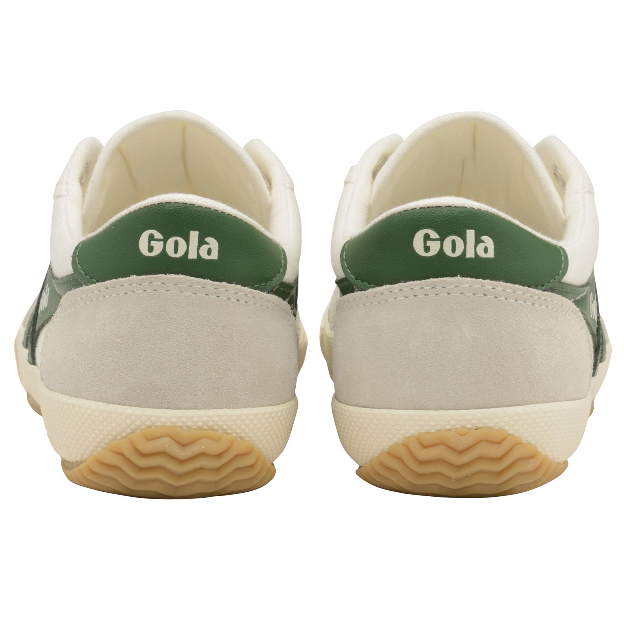 Rear view of a pair of Gola men's sneakers, highlighting the green heel tab and sole pattern.