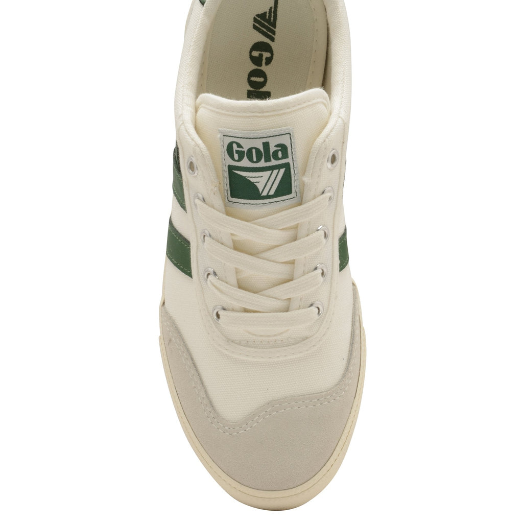 Top-down view of a Gola men's sneaker, showcasing the white laces and green logo on the tongue.