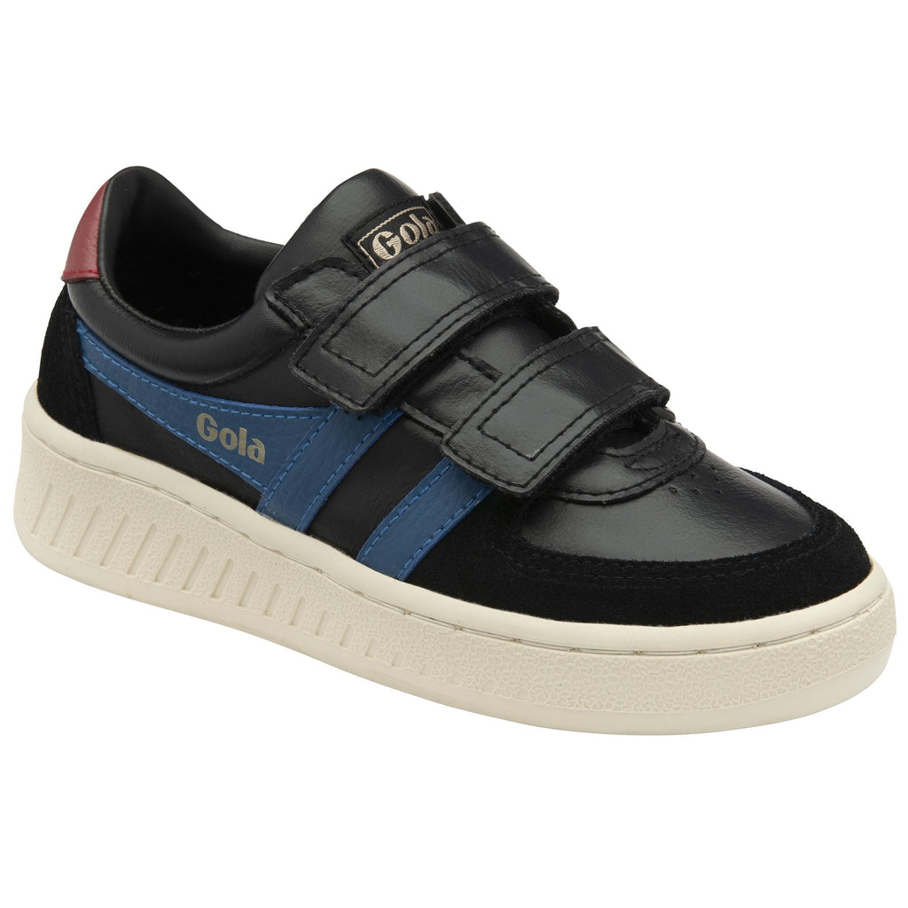 A single black Gola sneaker with blue stripes, red heel accent, and hook-and-loop closure.