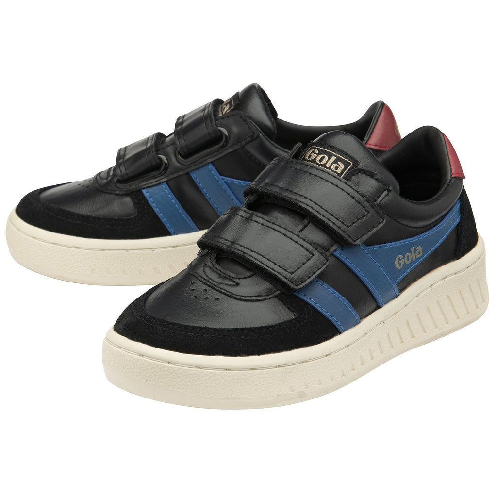 A pair of black Gola sneakers with blue stripes and red heel accents.