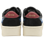 Rear view of a pair of black Gola sneakers showing red heel accents with 'Gola' logo.
