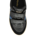 Top-down view of a black Gola sneaker with blue stripes and two hook-and-loop straps.