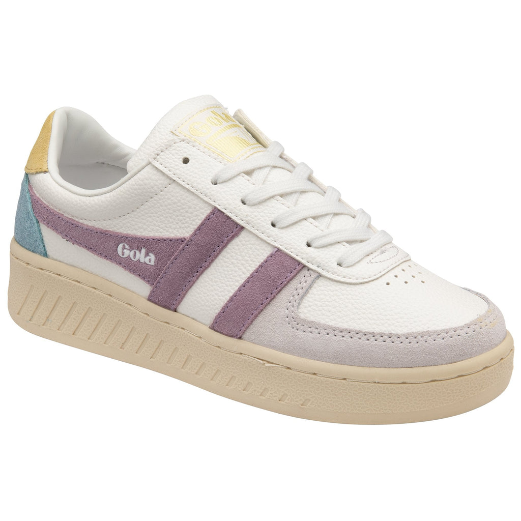 A white Gola sneaker with purple stripes, blue and yellow accents on a white background.