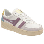 A white Gola sneaker with purple stripes, blue and yellow accents on a white background.