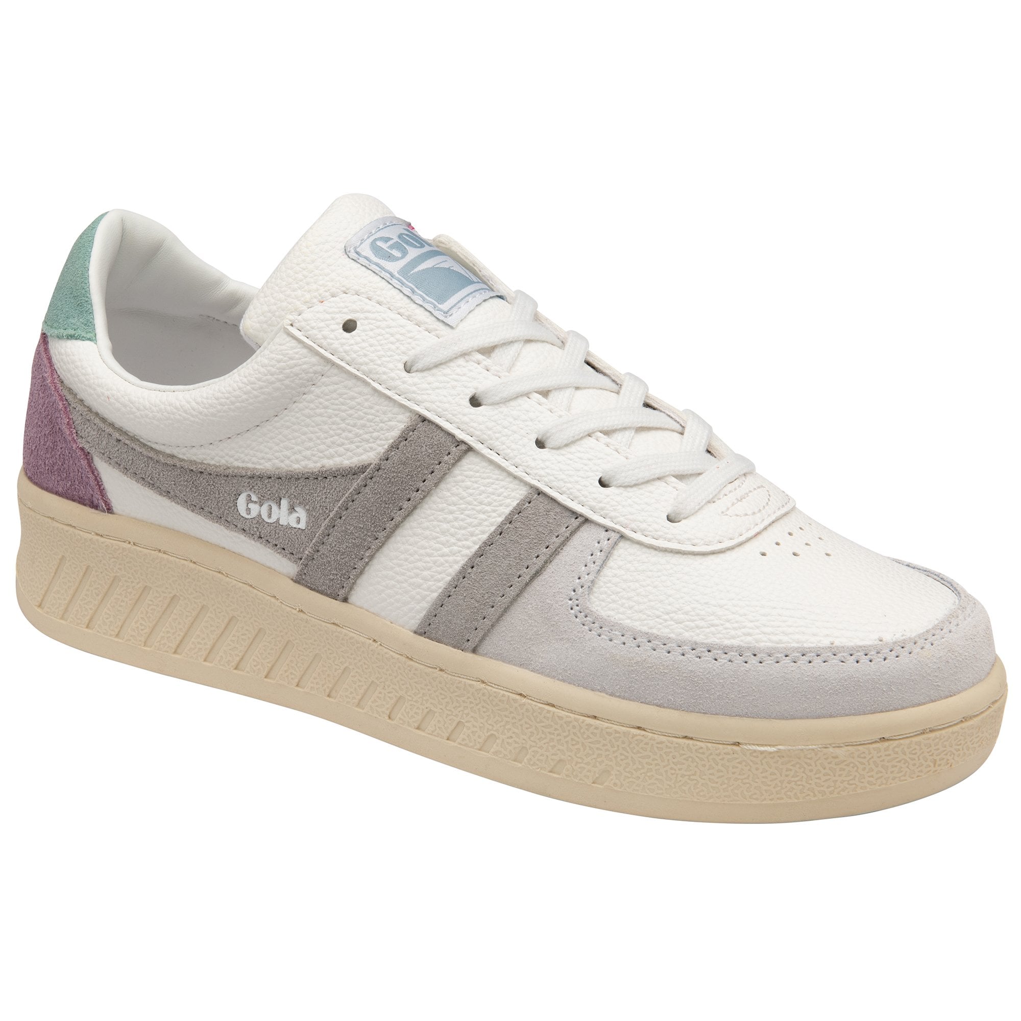 A side view of a women's Gola sneaker in white, gray, purple, and mint colors.