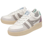 A pair of women's Gola sneakers in white, gray, purple, and mint from an angle.