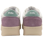The back view of a pair of women's Gola sneakers in purple and mint.