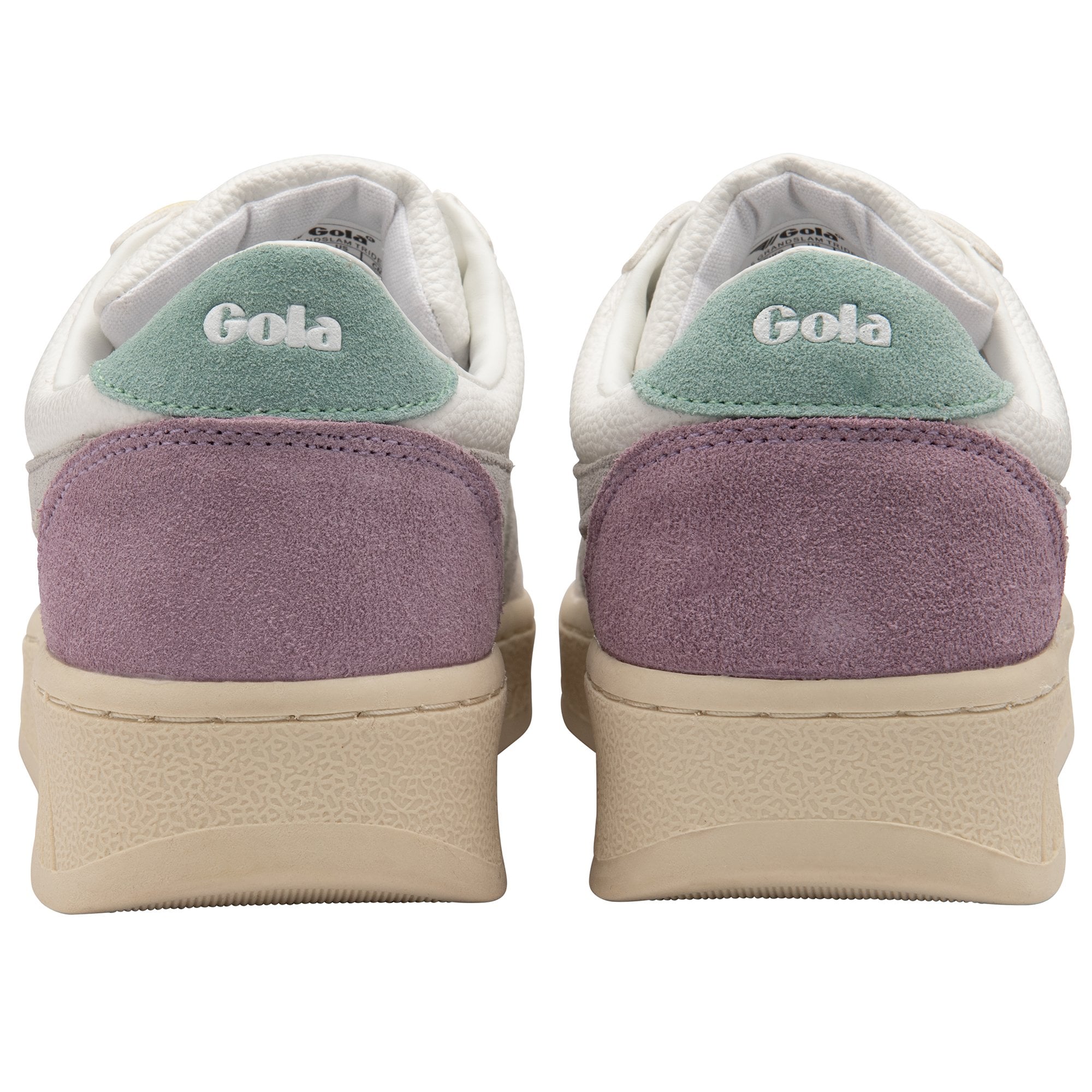 The back view of a pair of women's Gola sneakers in purple and mint.