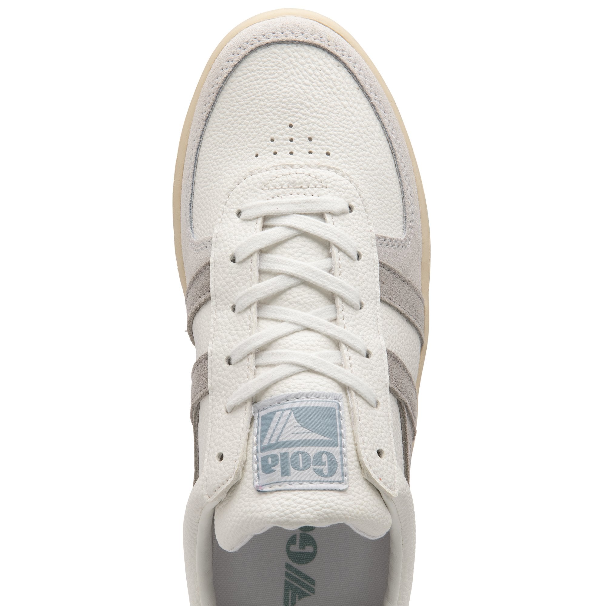 The top view of a white Gola sneaker with gray stripes and white laces.