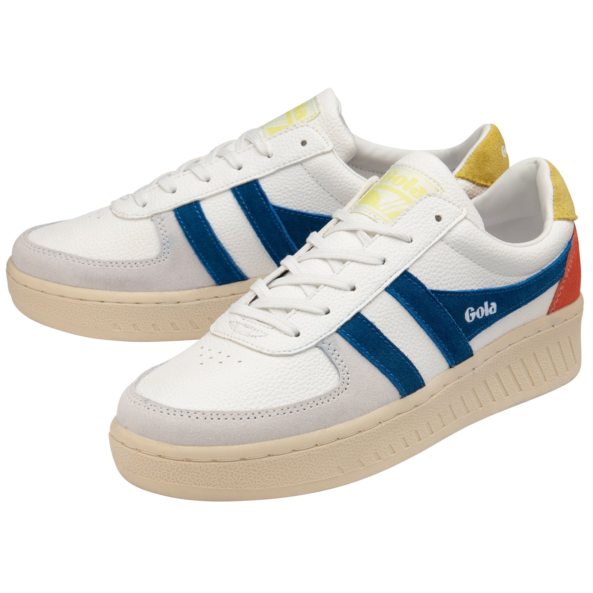 A pair of Gola sneakers with a white and blue design on a white background.