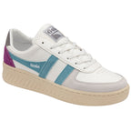 Side view of a white Gola sneaker with teal and purple accents on a white background.