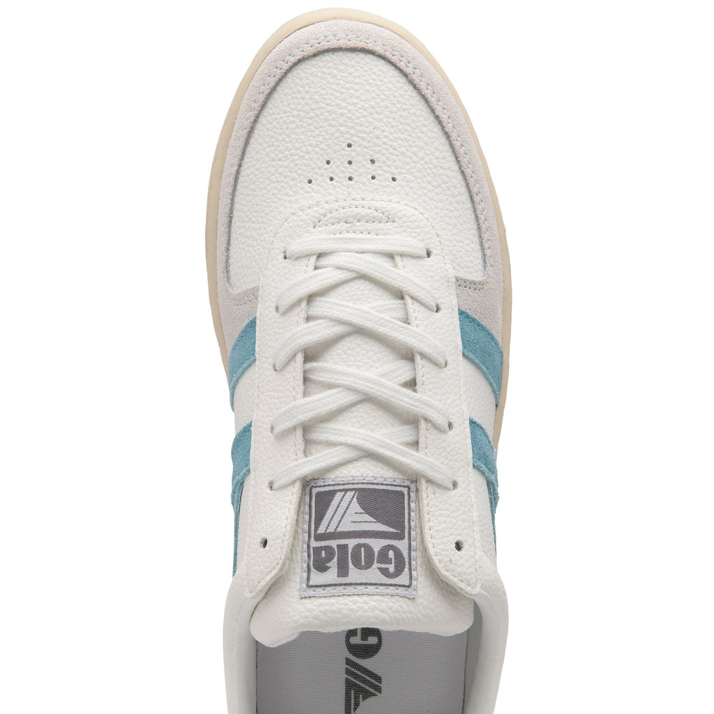 Top-down view of a white Gola sneaker with teal stripes and white laces.