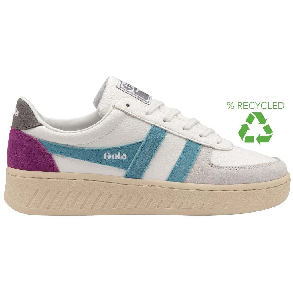 Side view of a white Gola sneaker with teal and purple accents, showing a "recycled" logo.