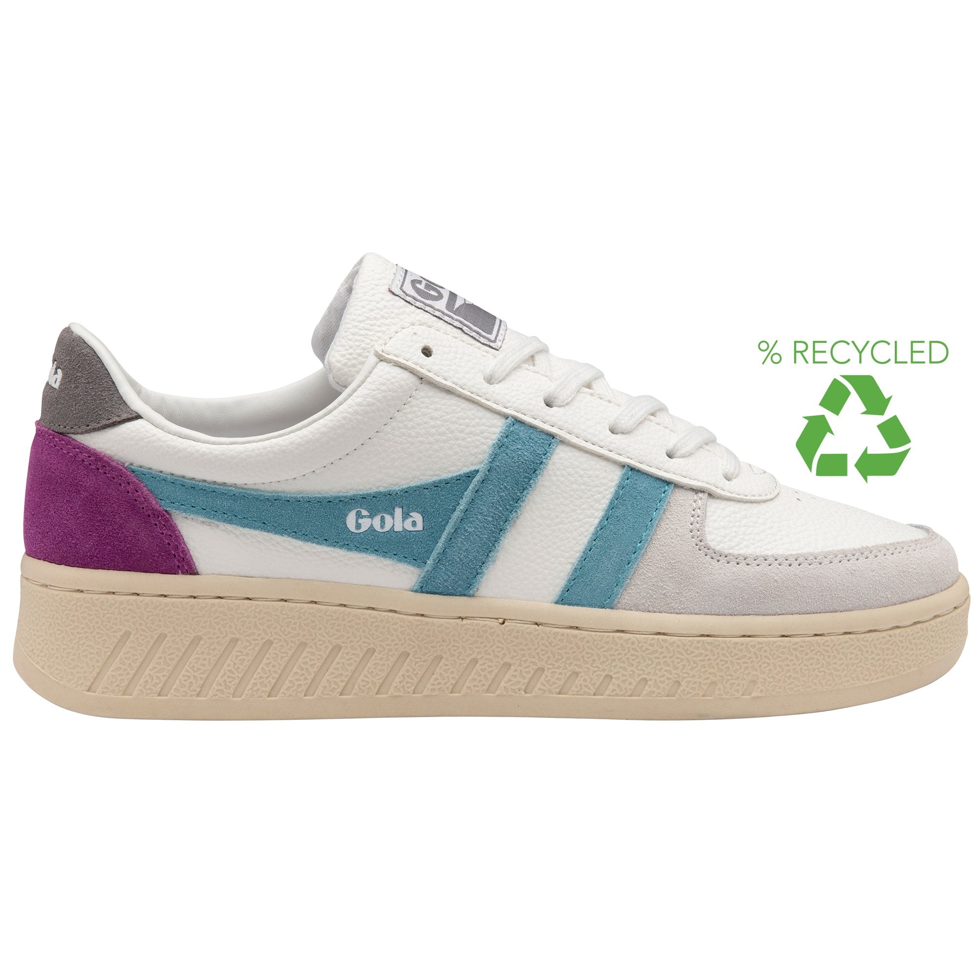 Side view of a white Gola sneaker with teal and purple accents, showing a "recycled" logo.