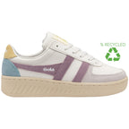 A white Gola sneaker with purple stripes, blue and yellow accents, and a 'recycled' logo.