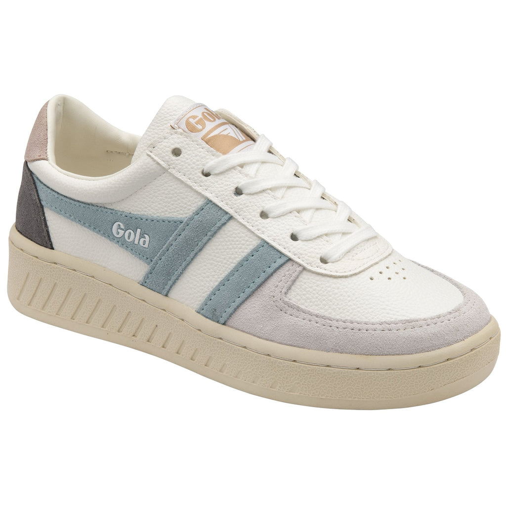 A single white Gola sneaker with blue and grey accents on a white background.