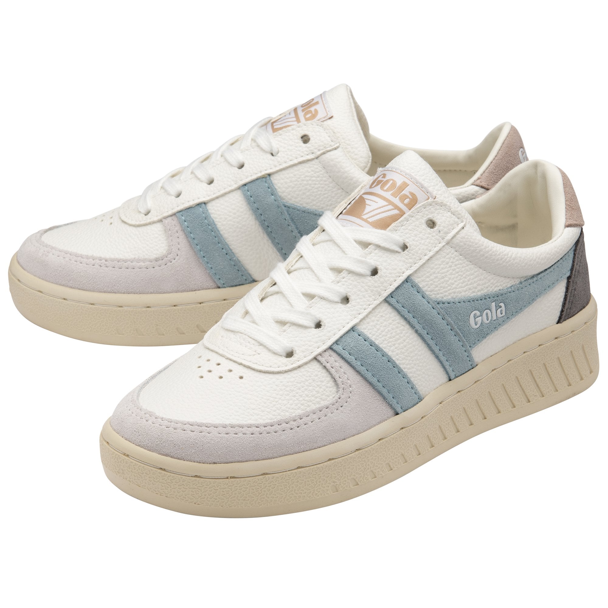 A pair of white Gola sneakers with blue stripes and grey heels.