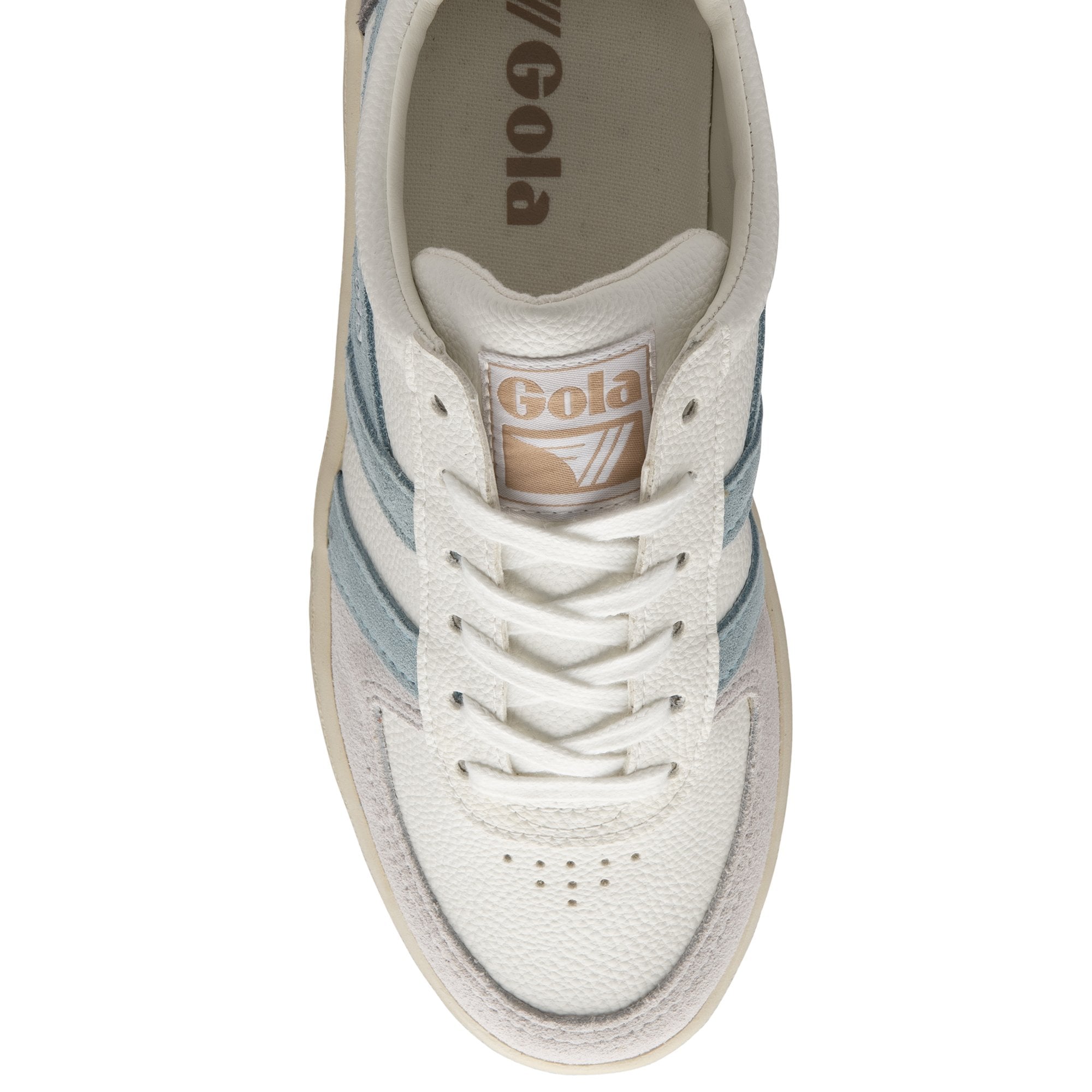 The top-down view of a white Gola sneaker with blue stripes and white laces.