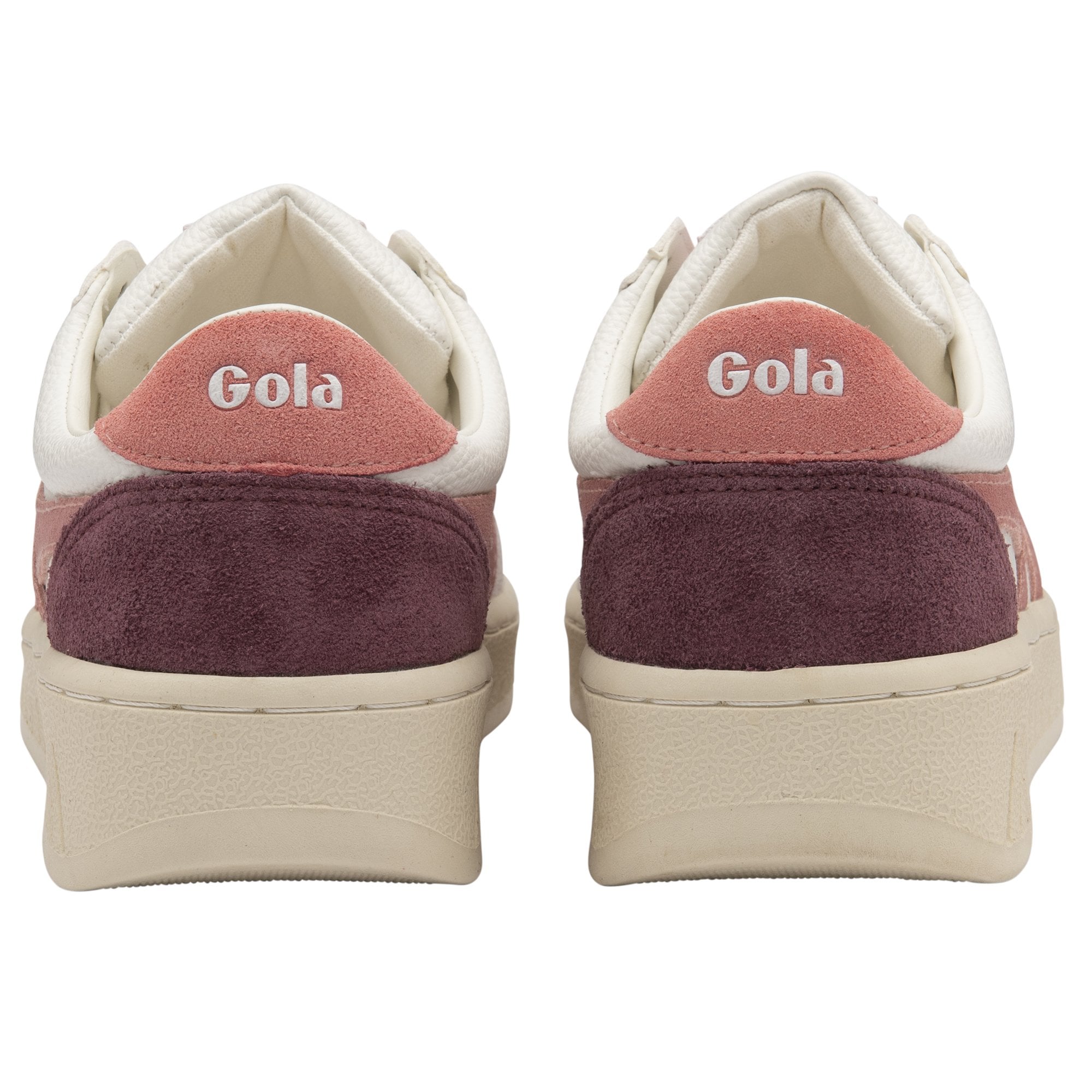 The back view of two white, pink, and burgundy Gola sneakers.