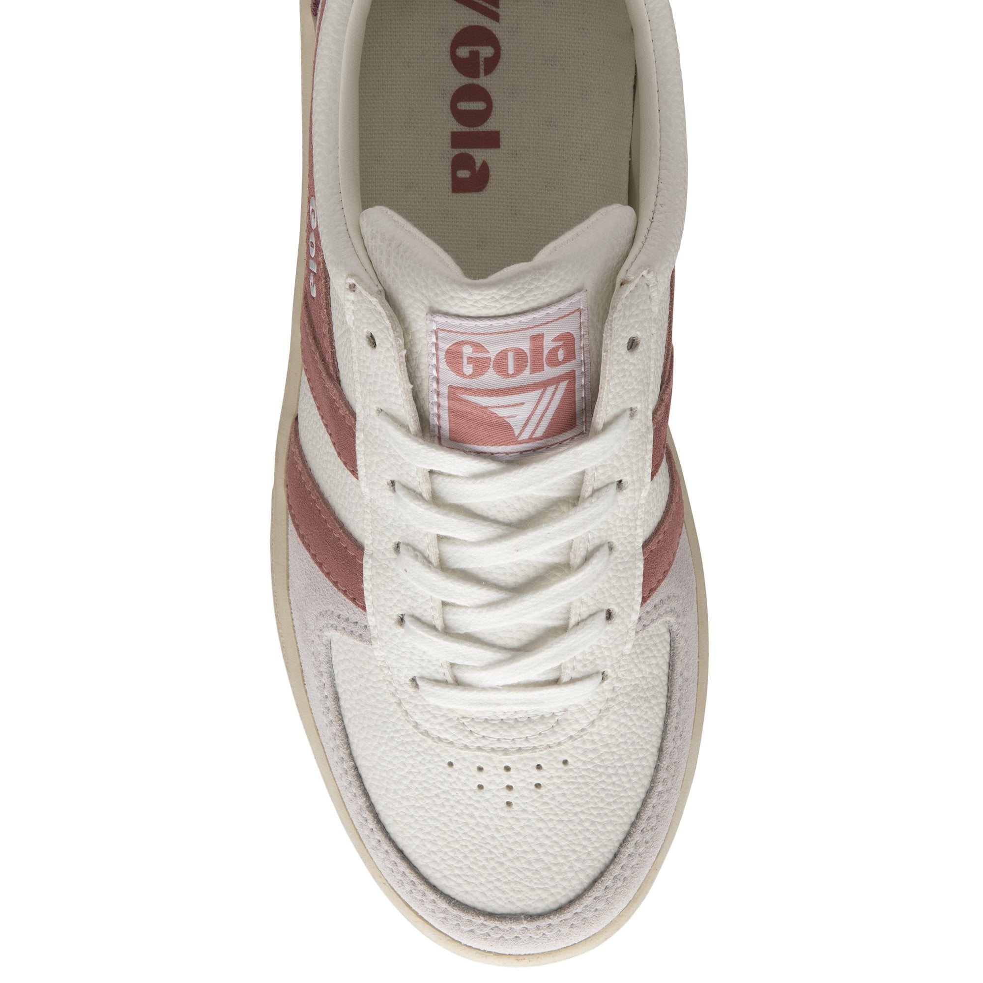 A top-down view of a white and pink Gola sneaker with white laces.