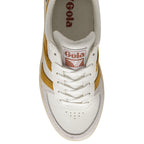 Top-down view of a single Gola sneaker with white laces and mustard stripes.