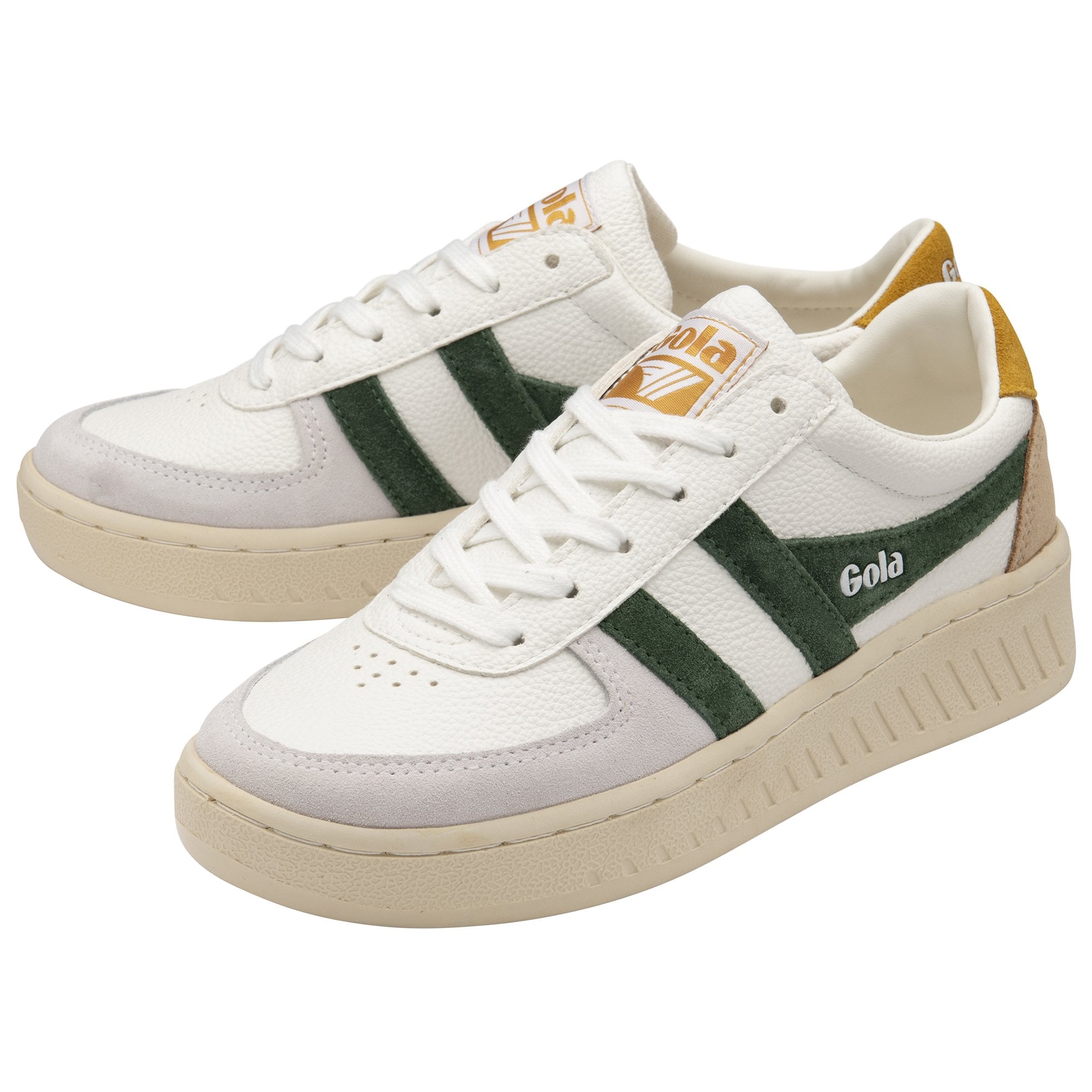 A pair of white Gola shoes with green stripes and gold heels.