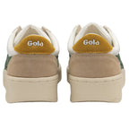 The back of a pair of white Gola shoes with a gold heel.
