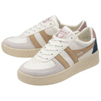A pair of white Gola sneakers with tan, navy, and pink accents.