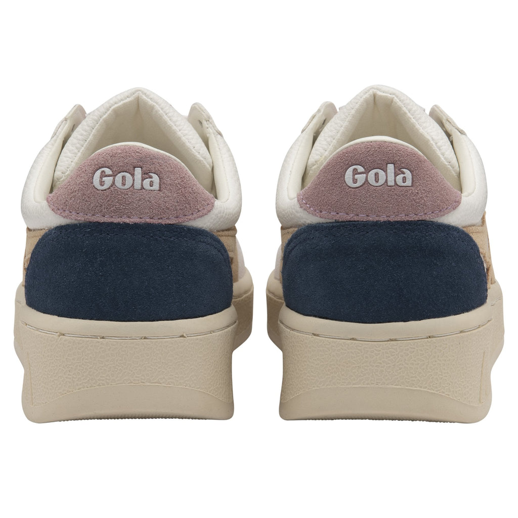 The rear view of two Gola sneakers, showing pink and navy details.