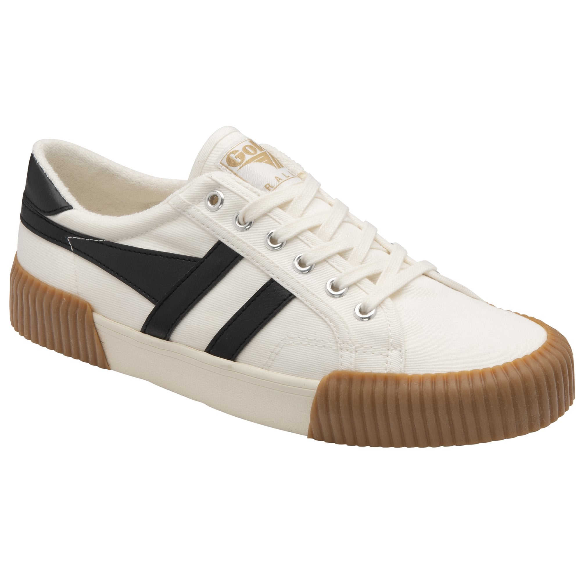A single white and black Gola low-top sneaker with a brown sole, angled to the left.