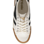 The top-down view of a white and black Gola sneaker with a brown sole.